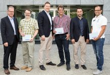 Von LInks nach rechts: Markus Schwab (Verkauf-Aussendienst, R. Nussbaum AG), Martin Oberholzer (Chr. Sauser AG, Biel, 1. Rang), Reto Marti (Verkauf-Aussendienst, R. Nussbaum AG), Roland Fischer (Herzog Haustechnik AG, Luzern, 3. Rang), Urs Bächer (Verkauf-Aussendienst, R. Nussbaum AG) und Stefan Abt (Niedermann AG, Baar, 2. Rang). Foto: zvg