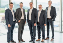Die neuen GL-Mitglieder mit CEO Patrik Lanter (v.l.n.r.): Pascal Welti (Leiter Energy Consulting), Michael Eugster (Leiter Marketing), Patrik Lanter (CEO), Pascal Perrino (Leiter Information Technology) und Ralph Stadler (Leiter Business Development). Foto: zvg