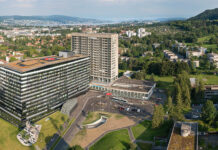 Grüner Leuchturm für Zürich Das Turmgebäude des Stadtspitals Zürich Triemli wird zurzeit instand gestellt. An der Südfassade soll zudem eine Vertikalbegrünung erstellt werden. Foto: Stadtspital Triemli