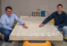 Stefan Schoenwald (links) und Sven Vallely testen, ob die Schwingungen der Holzplatte den Berechnungen entspricht. Die in die Platte hineingefrästen Kuhlen werden mit Sand gefüllt, der die Schwingungen in Wärme verwandelt. Ein «Trittschall-Simulator» klopft. Foto: Empa