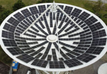 Satellitenschüssel als Solaranlage 307 Solarpanels mit einer Nennleistung von 116 kWp sind in der Schüssel angebracht. Foto: CKW