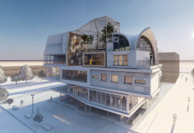 Mensch und Maschine: Im «DroneHub» im NEST sollen zusammen mit der Industrie die Weichen für eine künftige Koexistenz von Menschen und Drohnen gestellt werden. Visualisierung: Empa