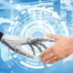 Human and robot handshake business relationship symbol on backgr