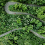Aerial view of winding road trough the dense woods on the high mountain.