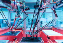 Vollkommen automatisiert und in Sekunden- schnelle stecken zwei Deltaroboter eine Brennstoffzelle. Foto: Fraunhofer IPA/Rainer Bez