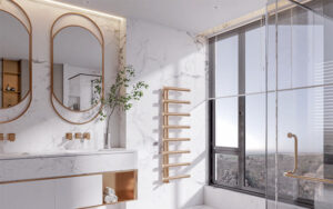 Die elegant geschwungenen Rundrohre des Zehnder Chime aus handpoliertem Edelstahl besitzen genügend Abstand, um auch dicke, flauschige Handtücher aufzuhängen. Seine umweltfreundlichen PVD-Oberflächen sind in drei Varianten erhältlich: Messing gebürstet, schwarz Chrom gebürstet und Bronze gebürstet. Foto: Zehnder Group Schweiz AG