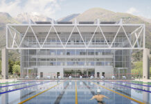 Die Schwimmhalle wird über ein Olympiabecken mit Hubboden, ein Springerbecken und einen Schwimmkanal verfügen. Visualisierung: OVI Images