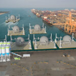 Ship for container with working crane bridge in shipyard for Logistic Import Export background