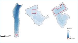 Tiefenprofilkarten der drei Untersuchungsstandorte im Projekt: Lac Les Toules (links, Romande Energie Holding SA, Schweiz), Leimersheim (Mitte, Erdgas Südwest GmbH, Deutschland), und Sekdoorn (rechts, BayWa r.e., Niederlande). Grafik: Fraunhofer ISE