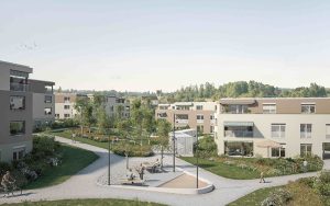 Überbauung Schachenweid, Oetwil am See: Implenia erstellt 90 Eigentumswohnungen an bester Lage im Zürcher Oberland.Visualisierung: OVA Studio GmbH