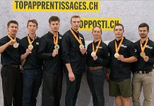 Das sind die neuen Schweizermeister 2025: (v.l.) Timo Bruggmann, Heizungsinstallateur; Oliver Ihringer, Sanitärinstallateur; Tino Zimmermann, Spengler; Armin Gaiser, Lüftungsanlagenbauer; Camille Svitek, Gebäudetechnikplanerin Sanitär; Kilian Gendroz, Gebäudetechnikplaner Heizung; Mirco Burri, Gebäudetechnikplaner Lüftung. Foto: zvg