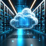 A futuristic data center with glowing blue servers and a digital