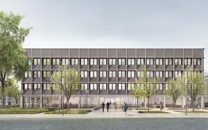 Das Projekt »UnIT Neubau eines IT- und Rechenzentrums für die Universität Mannheim« wird mit einer BIPV-Fassade ausgestattet sein. Im webbasierten Leitfaden entspricht das der standardisierten BIPV-Normallösung C-Sond-BR-01. Visualisierung: Wulf Architekten
