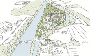Ilustration des Richtprojektes auf der Reussinsel. Eine neue Bushaltestelle verbessert die Anbindung an den öffentlichen Verkehr. Visualisierung: CKW