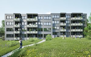 Die Gebäude erhalten industriell vorgefertigte Holzrahmen-Fassadenmodule. Dämmung, Fenster und elektrische Rollläden sind ab Werk integriert. Rendering: Ecoworks 