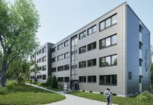 Die Gebäude erhalten industriell vorgefertigte Holzrahmen-Fassadenmodule. Dämmung, Fenster und elektrische Rollläden sind ab Werk integriert. Rendering: Ecoworks