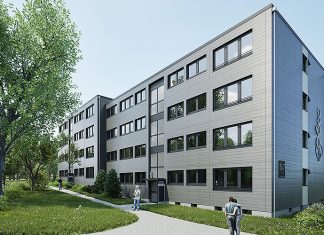 Die Gebäude erhalten industriell vorgefertigte Holzrahmen-Fassadenmodule. Dämmung, Fenster und elektrische Rollläden sind ab Werk integriert. Rendering: Ecoworks