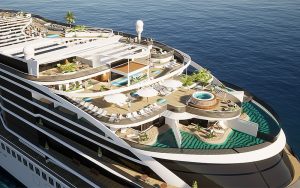 Die «Vision» Konzeptstudie ist als Allwetterschiff gedacht. So wurde der typische Aqua Park als Innenbereich am Heck angeordnet. Visualisierung: Meyer Werft