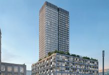 Schindler setzt in Berlin auf Installationsroboter Schindler R.I.S.E kommt in Berlin für die Aufzugsmontage im 030BLN des Immobilienunternehmens Covivio zum Einsatz. Dort liefert Schindler elf Hochleistungsaufzüge sowie sechs Fahrtreppen. Rendering: Covivio/ Schindler Deutschland