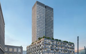 Schindler R.I.S.E kommt in Berlin für die Aufzugsmontage im 030BLN des Immobilienunternehmens Covivio zum Einsatz. Dort liefert Schindler elf Hochleistungsaufzüge sowie sechs Fahrtreppen. Rendering: Covivio/ Schindler Deutschland