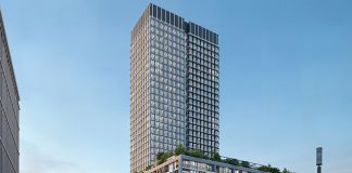 Schindler setzt in Berlin auf Installationsroboter Schindler R.I.S.E kommt in Berlin für die Aufzugsmontage im 030BLN des Immobilienunternehmens Covivio zum Einsatz. Dort liefert Schindler elf Hochleistungsaufzüge sowie sechs Fahrtreppen. Rendering: Covivio/ Schindler Deutschland