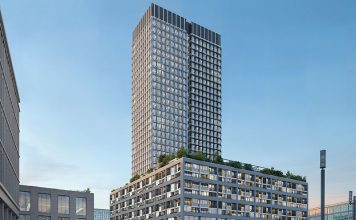 Schindler R.I.S.E kommt in Berlin für die Aufzugsmontage im 030BLN des Immobilienunternehmens Covivio zum Einsatz. Dort liefert Schindler elf Hochleistungsaufzüge sowie sechs Fahrtreppen. Rendering: Covivio/ Schindler Deutschland