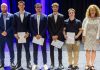 (V.l.) Tobias Käch, Fachbereichsleiter Berufsmaturität, Kian Vaidya, Davide Ianilli, Philip Stucki, Livio Pinti mit Sabine Sulzer, Vizedirektorin Hochschule Luzern – Technik & Architektur. Foto: HSLU/Kanton Luzern