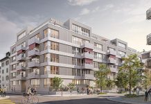 An der Zypressenstrasse in Zürich baut Implenia ein Bürohaus in ein Wohnhaus mit 53 modernen Wohnungen um Visualisierung: Spillmann Echsle