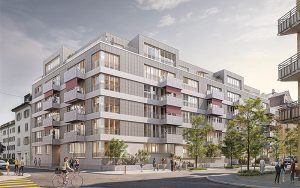 An der Zypressenstrasse in Zürich baut Implenia ein Bürohaus in ein Wohnhaus mit 53 modernen Wohnungen um Visualisierung: Spillmann Echsle