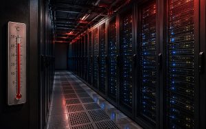 Anhaltende Hitze wird zum Risiko für Rechenzentren: Steigende Aussentemperaturen und immer leistungsfähigere IT-Systeme treiben den Kühlungsbedarf in die Höhe. Foto: Drees & Sommer SE/AI generated