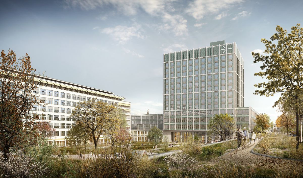 Implenia übernimmt zu 50 Prozent die Baumeisterarbeiten für den Neubau des Klinikums 2 in Basel. Visualisierung: Giuliani Hönger Architekten ETH BSA SIA, Zürich