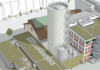 Neuer Wärmespeicher für Basler Fernwärme Auf dem Areal des Fernheizkraftwerk Volta plant IWB den Bau eines Wärmespeichers. Visualisierung: e-bau GmbH