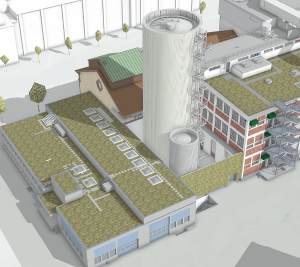 Auf dem Areal des Fernheizkraftwerk Volta plant IWB den Bau eines Wärmespeichers. Visualisierung: e-bau GmbH